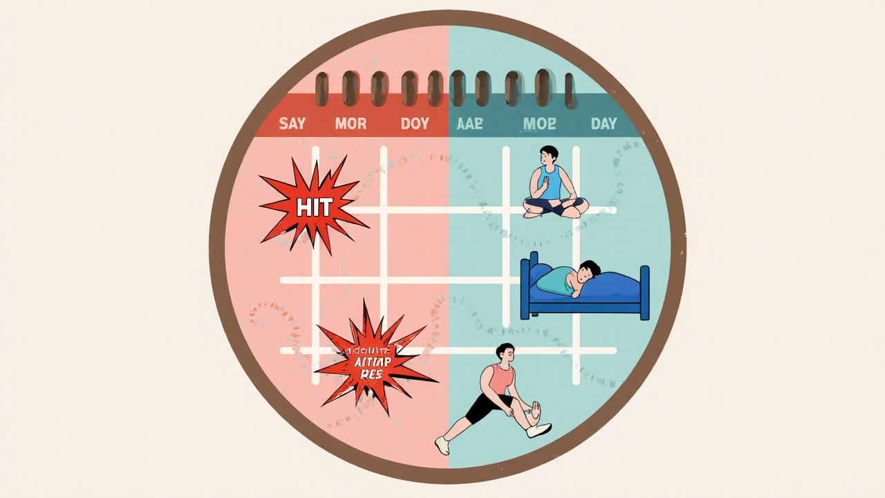 Weekly fitness schedule with HIIT sessions, active recovery, and rest days illustrated in a circular layout.