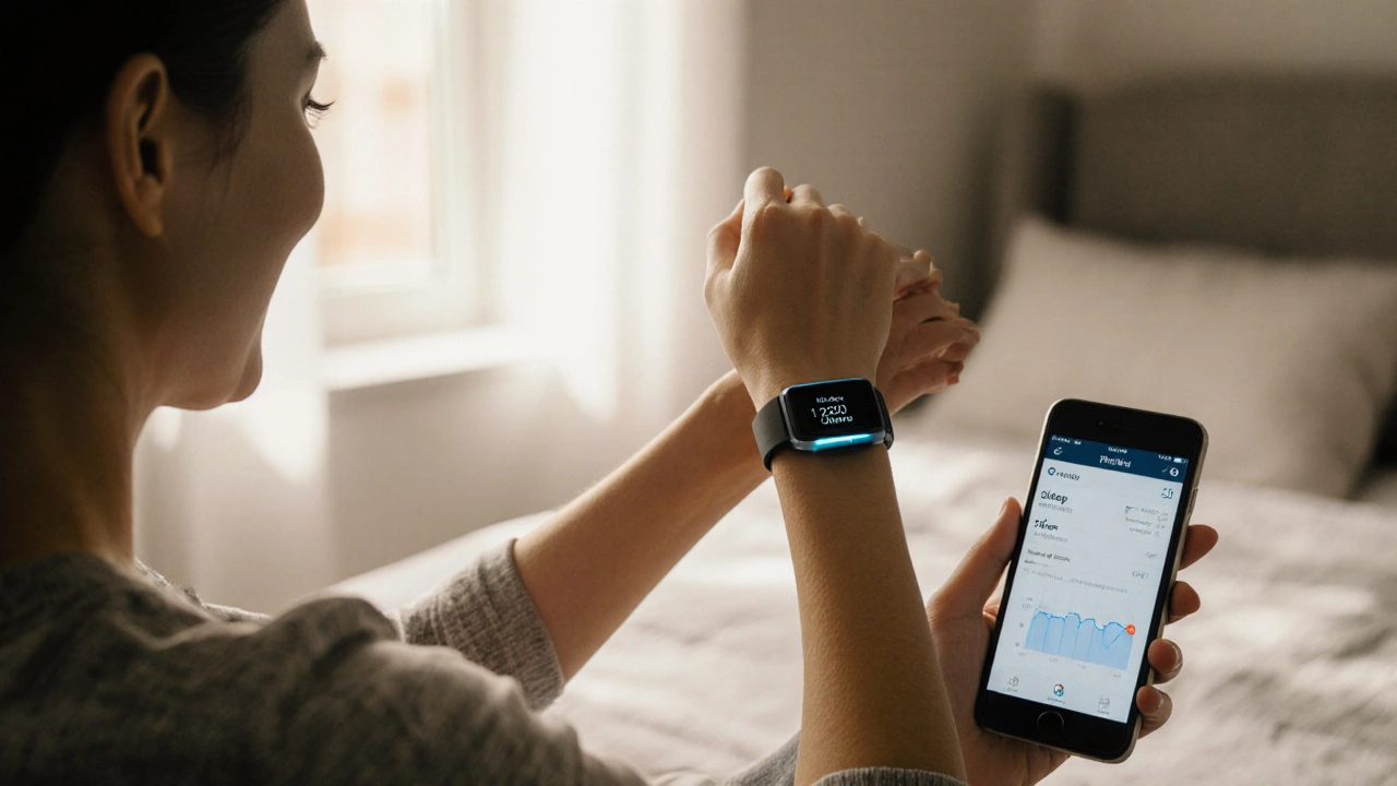 Woman smiling at her Fitbit watch in a sunlit bedroom, device showing daily activity encouragement.