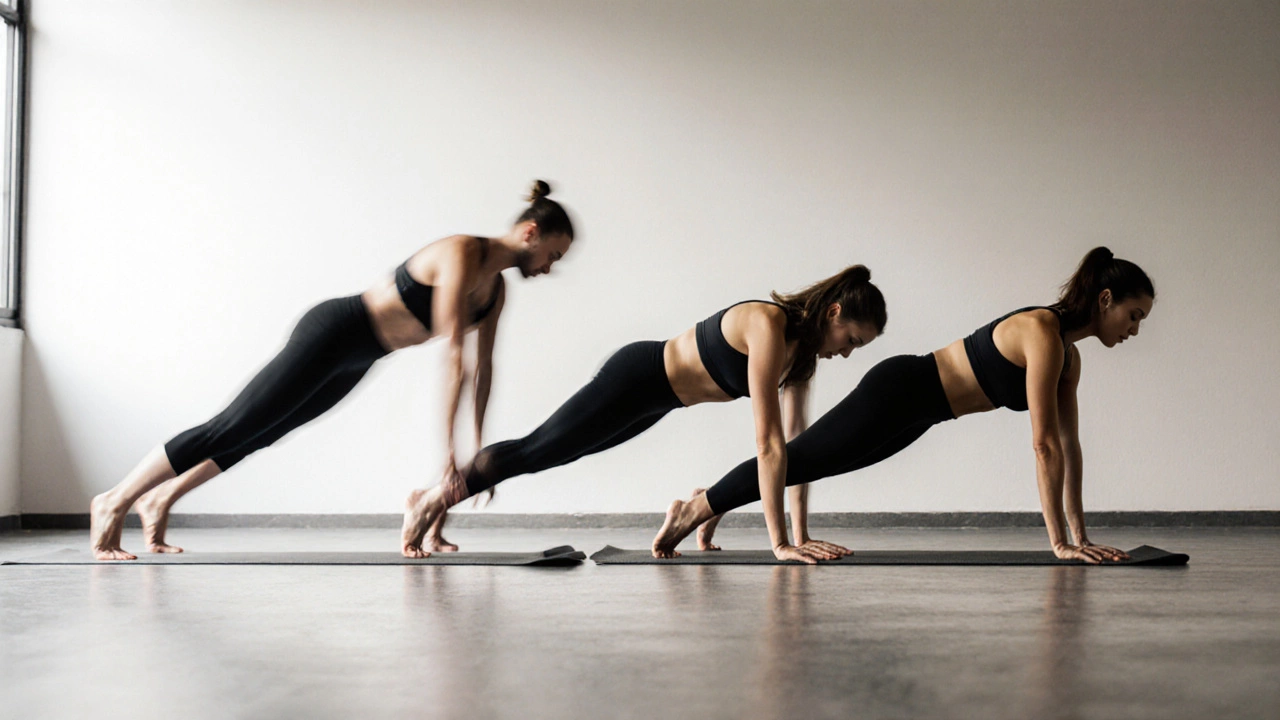 Yoga flow sequence in motion: Downward Dog to Plank to Chaturanga to Upward Dog, continuous movement on a mat.