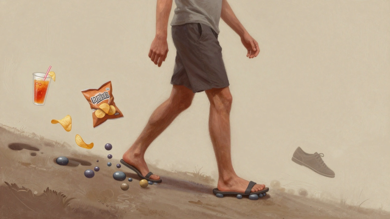 A figure made of footsteps leading downward, with unhealthy food icons fading away as they walk.