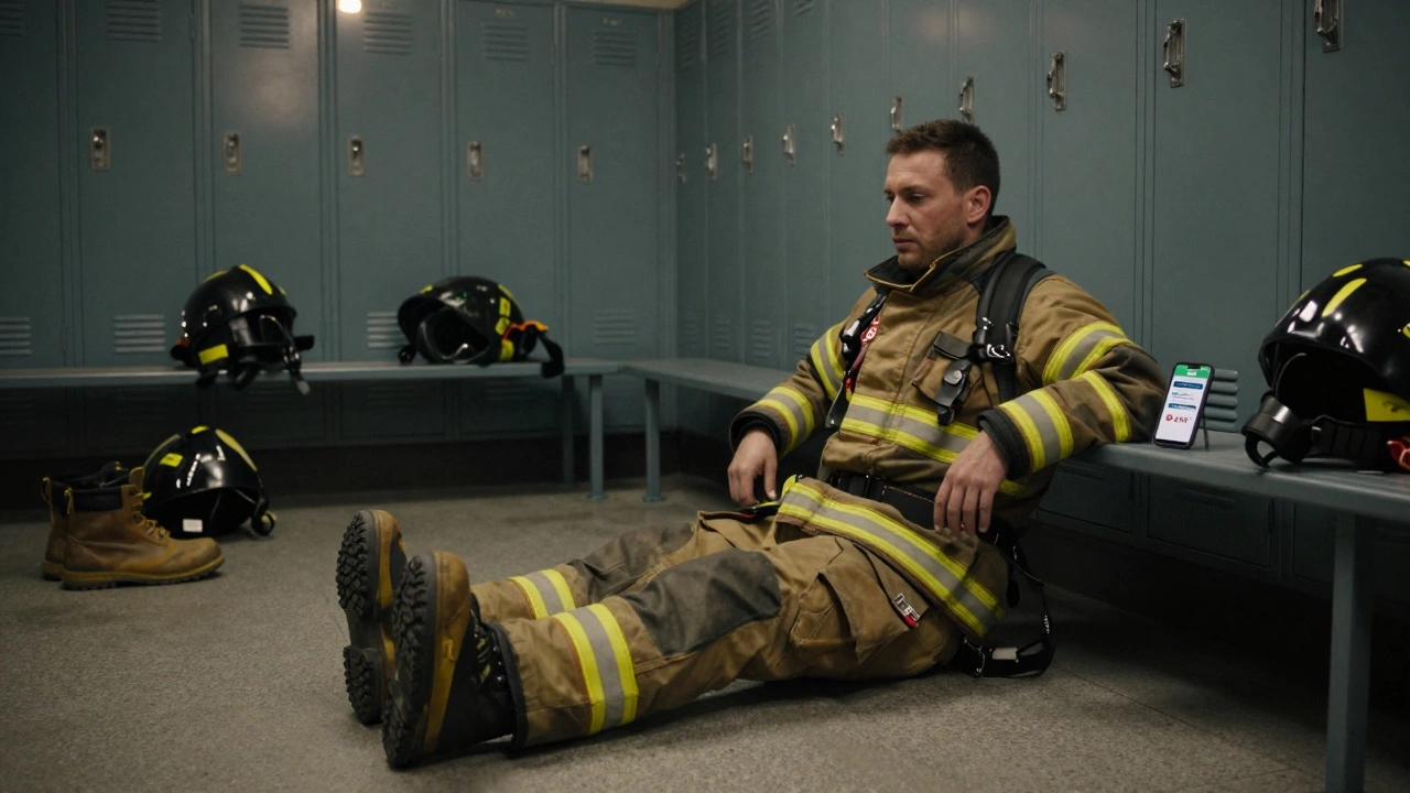 A firefighter performing a mobility exercise in the firehouse, focused and calm.