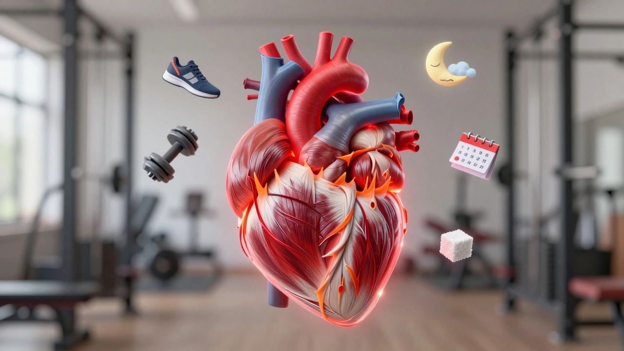 A heart made of muscle fibers showing healthy rhythm on one side and stress damage on the other.