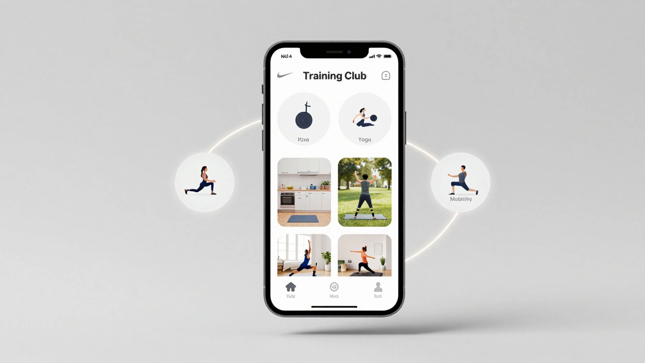 A minimalist smartphone screen with workout categories, surrounded by people exercising in daily life.