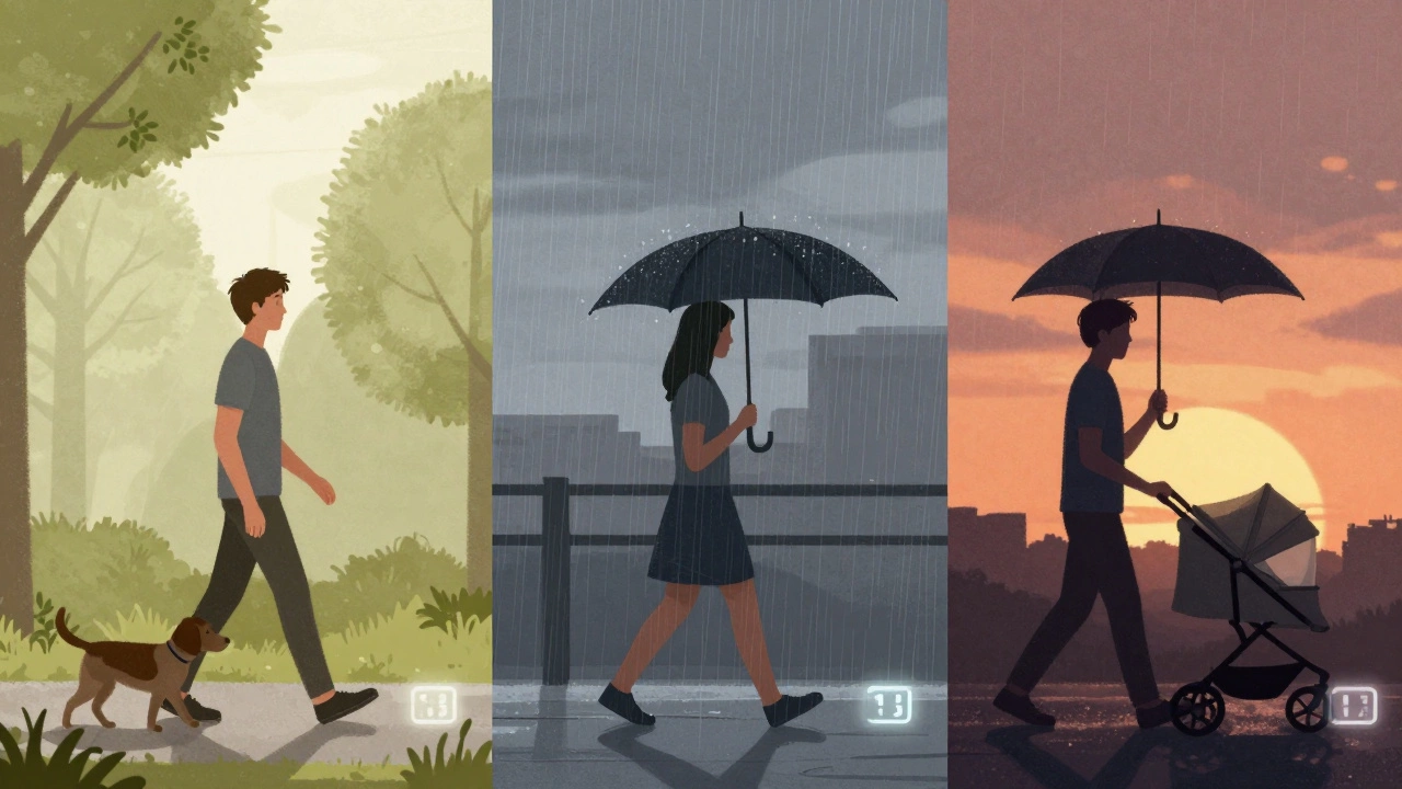 A person walking at different times of day—morning, rain, evening—with subtle calorie counters in the background.