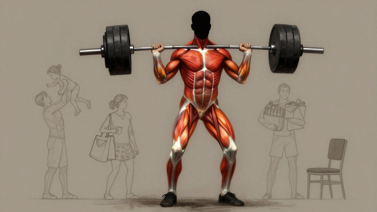 Anatomical illustration showing muscles activated during a deadlift with glowing details.