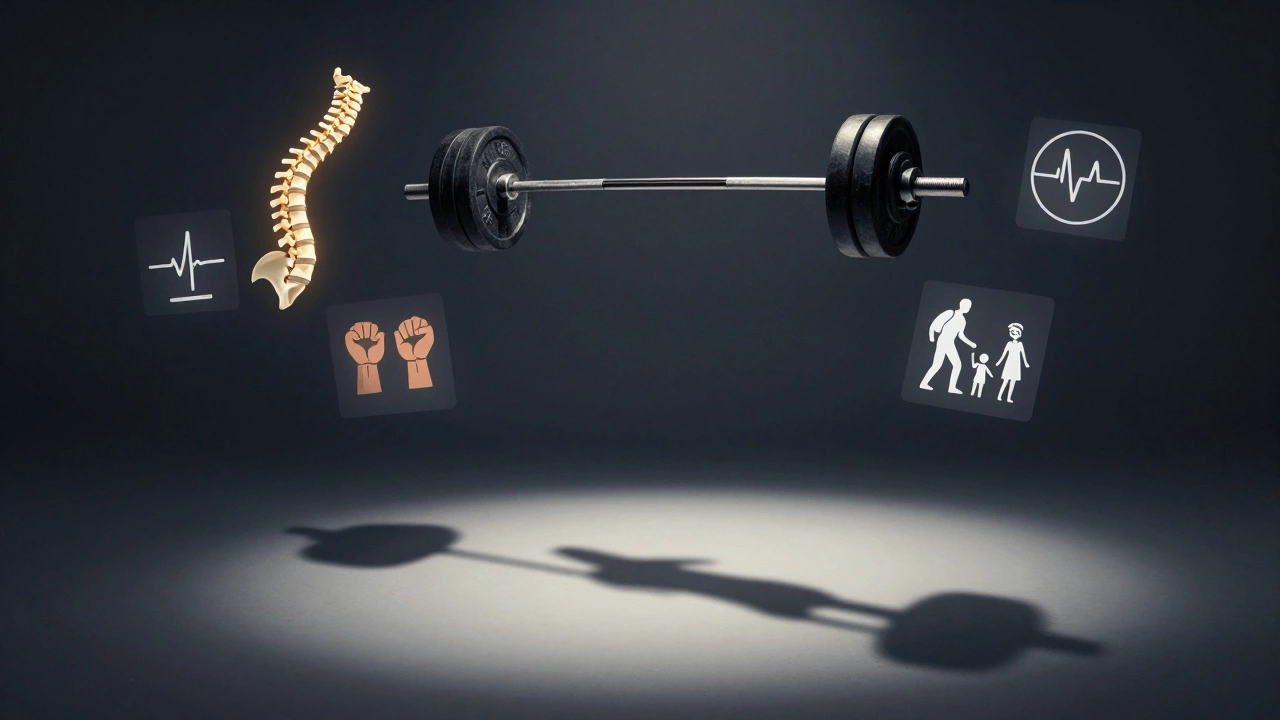 Barbell floating with icons representing strength, health, and daily life benefits.