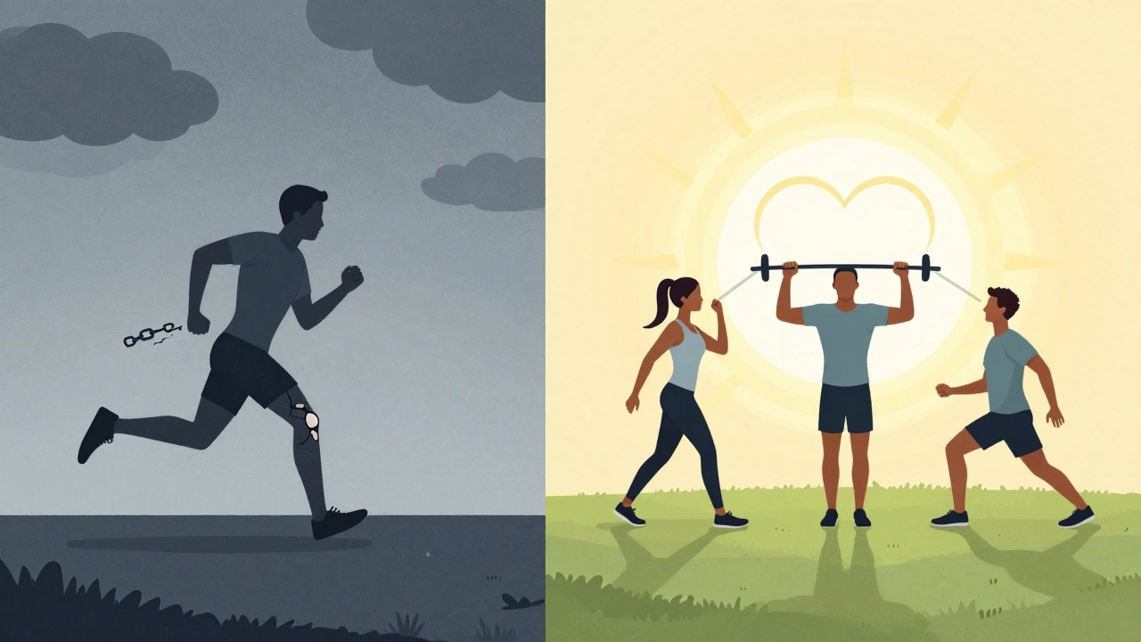 Contrasting images of burnout from excessive cardio versus balanced fitness with walking, lifting, and stretching.