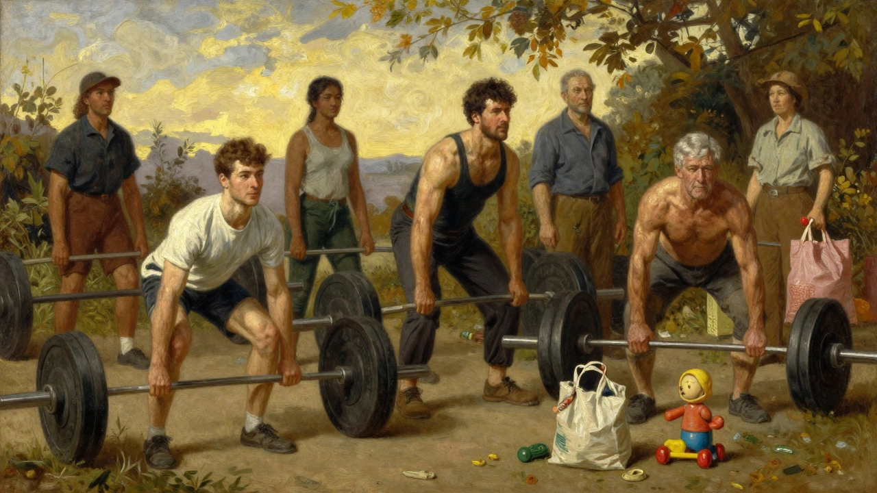 Diverse individuals doing different deadlift variations outdoors, surrounded by everyday life objects, golden light casting long shadows.