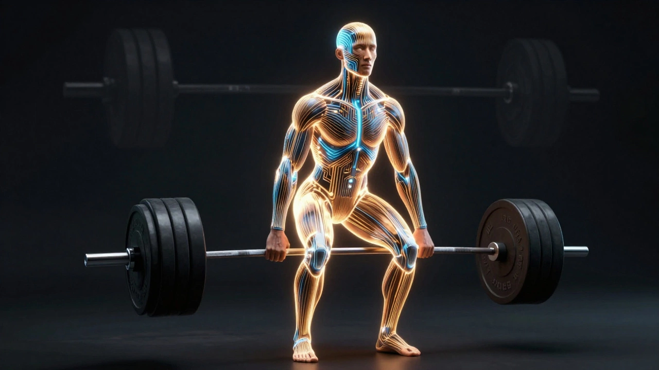 Glowing human body with energy pathways activating all major muscles during a deadlift, abstract representation of full-body engagement.