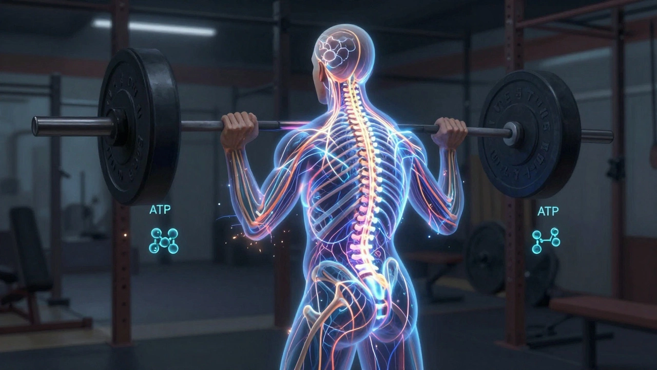 Glowing nervous system with energy pulses resetting over time in a gym environment.