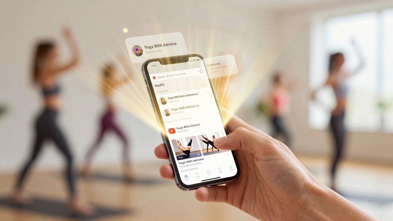 Hand holding a phone playing a free YouTube workout, with floating channel names dissolving into light.