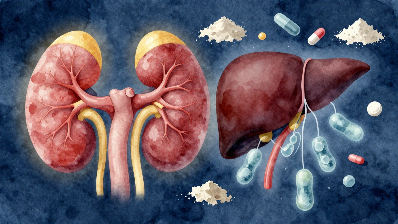 Kidney and liver organs strained by protein molecules and additives in medical illustration style.