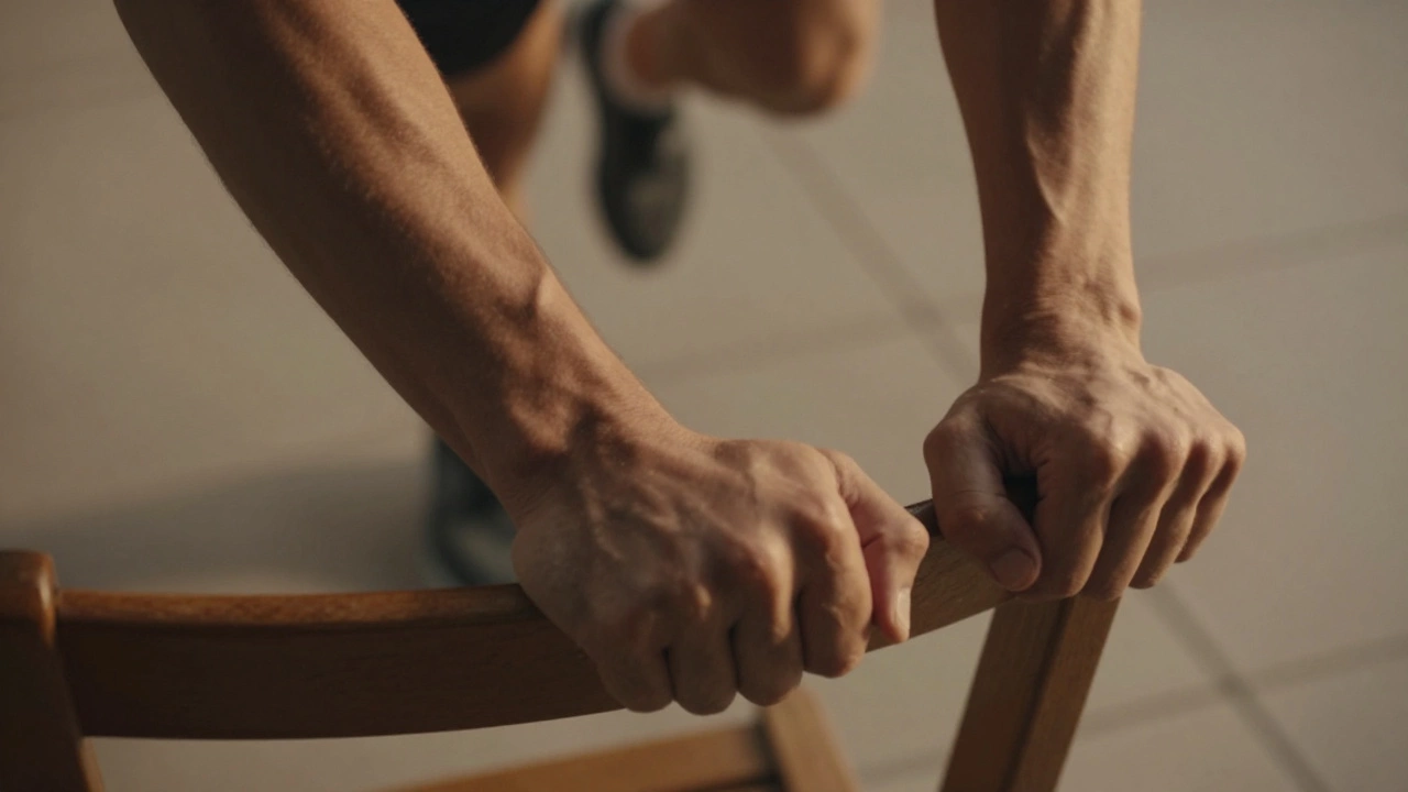 Person performing triceps dips using a sturdy chair with focused form.