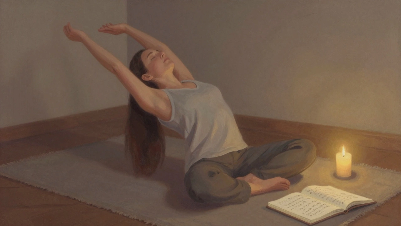 Person practicing deep breathing and mobility stretch in a calm home setting.