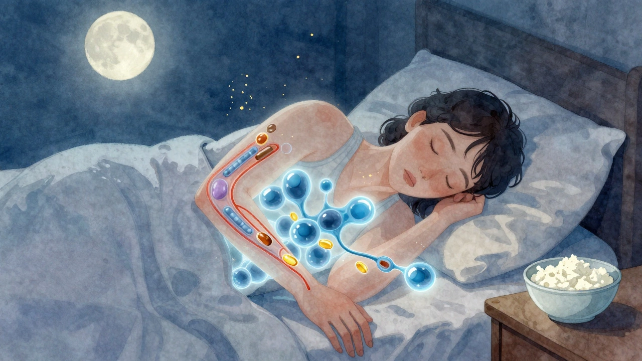 Sleeping person with glowing amino acids flowing through body, cottage cheese on nightstand.