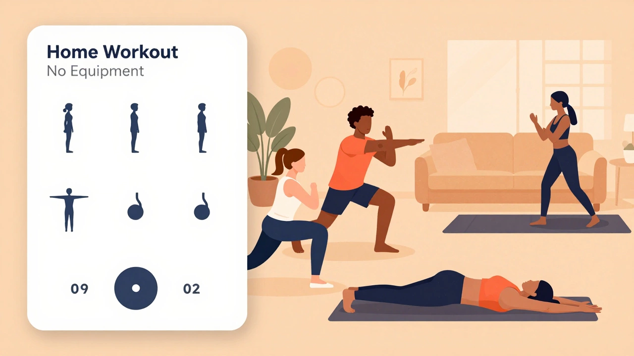 Split-screen showing a simple workout app interface and diverse people exercising without equipment.