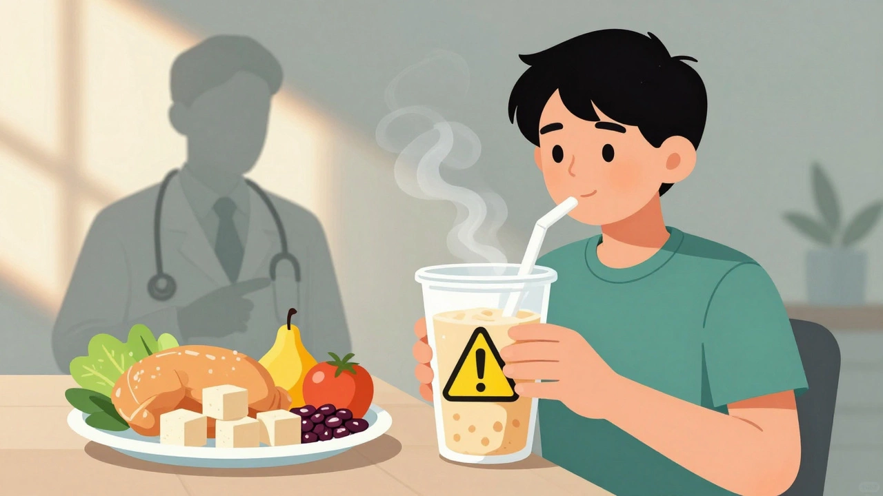 Teen holding protein shake as shadowy doctor guides toward healthy whole foods.