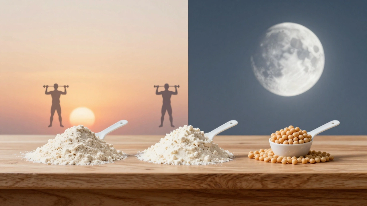 Three protein powders with arrows pointing to silhouette losing belly fat during strength training.