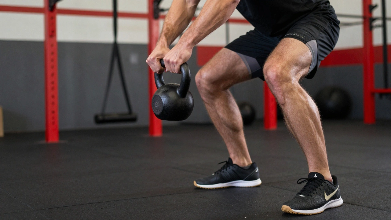 Trainer and client during a kettlebell swing, wearing proper training shoes and compression shorts.