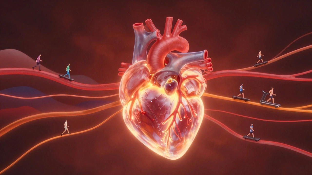 Transparent human chest showing a glowing heart with walking figures flowing through arteries.