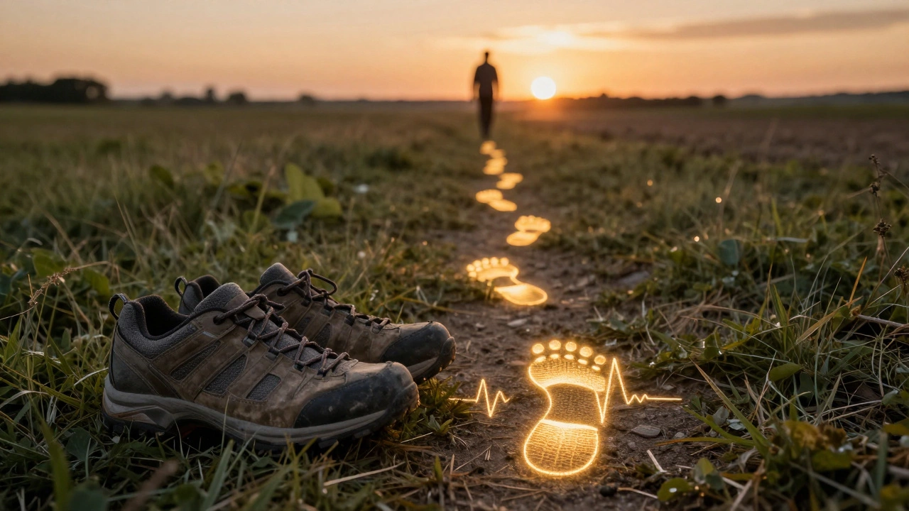 Worn walking shoes on grass with glowing footprints forming heartbeat lines leading to sunset.
