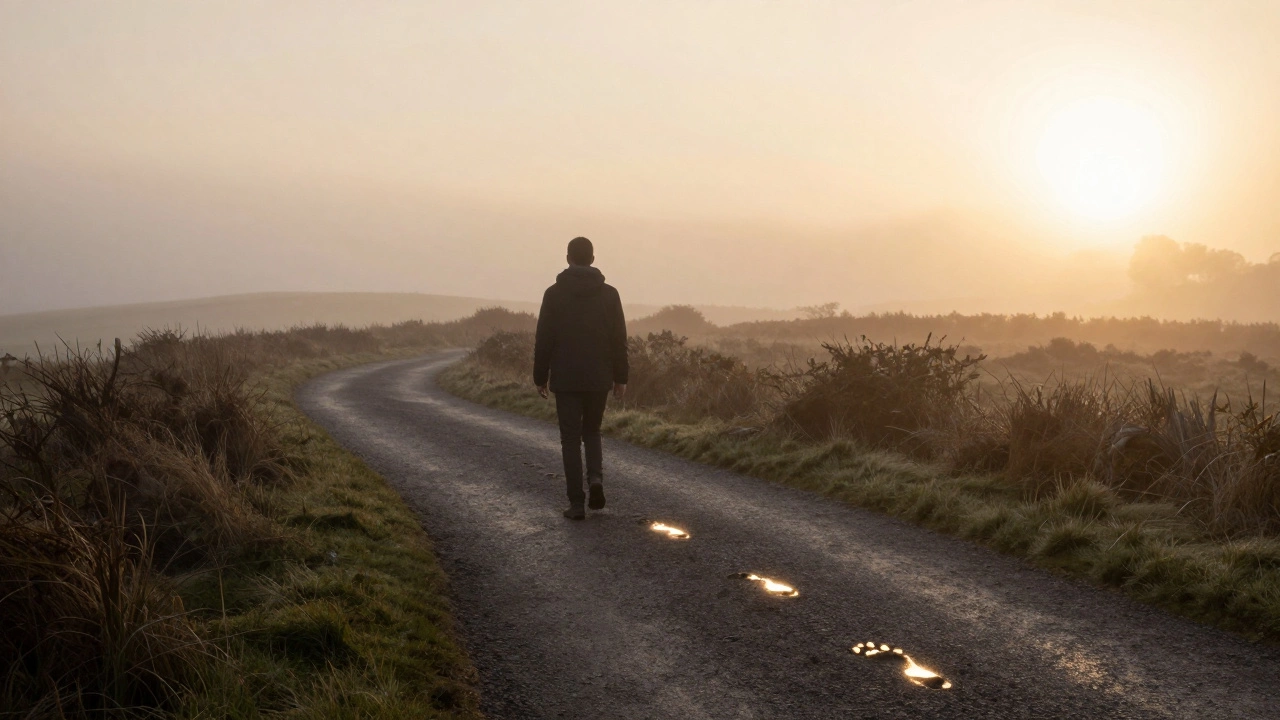 A person walking along a path at dawn, footsteps glowing as they grow more confident.