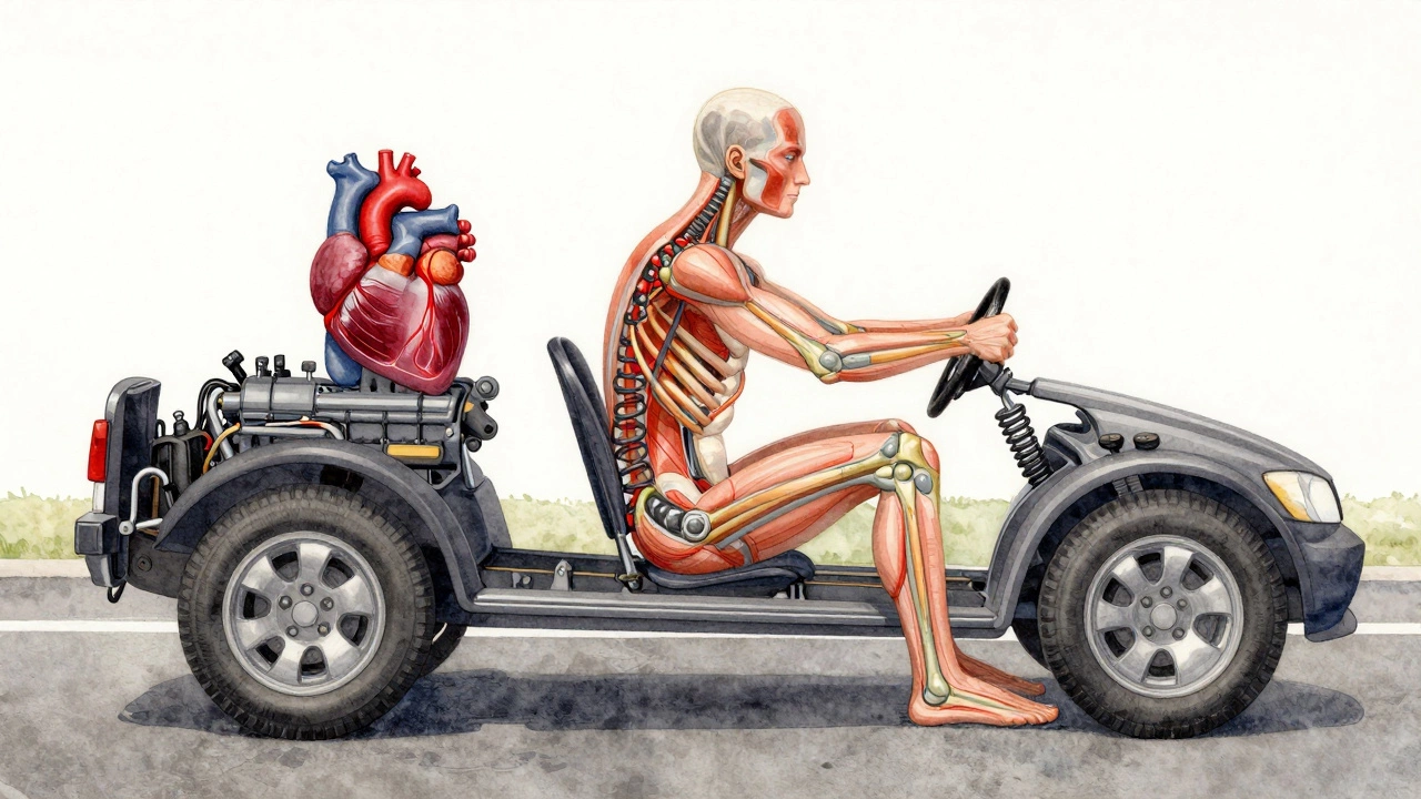 An artistic car metaphor showing the body's four exercise types as engine, frame, suspension, and steering.