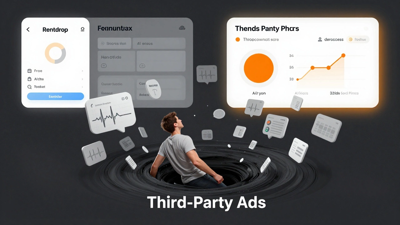 Data points being consumed by an ad vortex while free and paid app features contrast side by side.