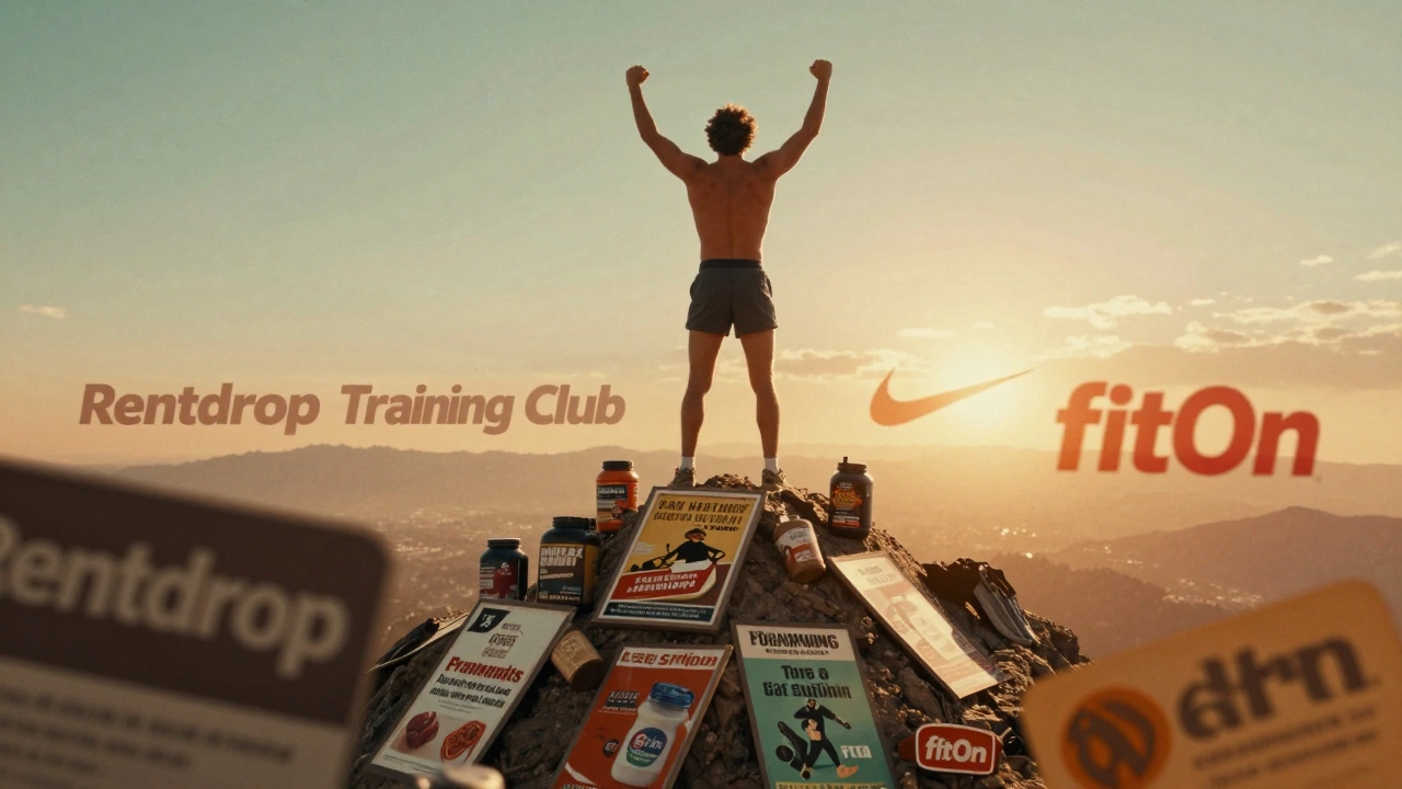 Figure standing atop ads and subscriptions, looking toward rival free fitness apps in the distance.