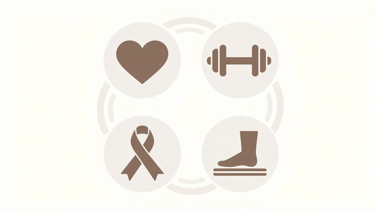 Four minimalist circular icons representing cardio, strength, flexibility, and balance, interconnected in a flow.