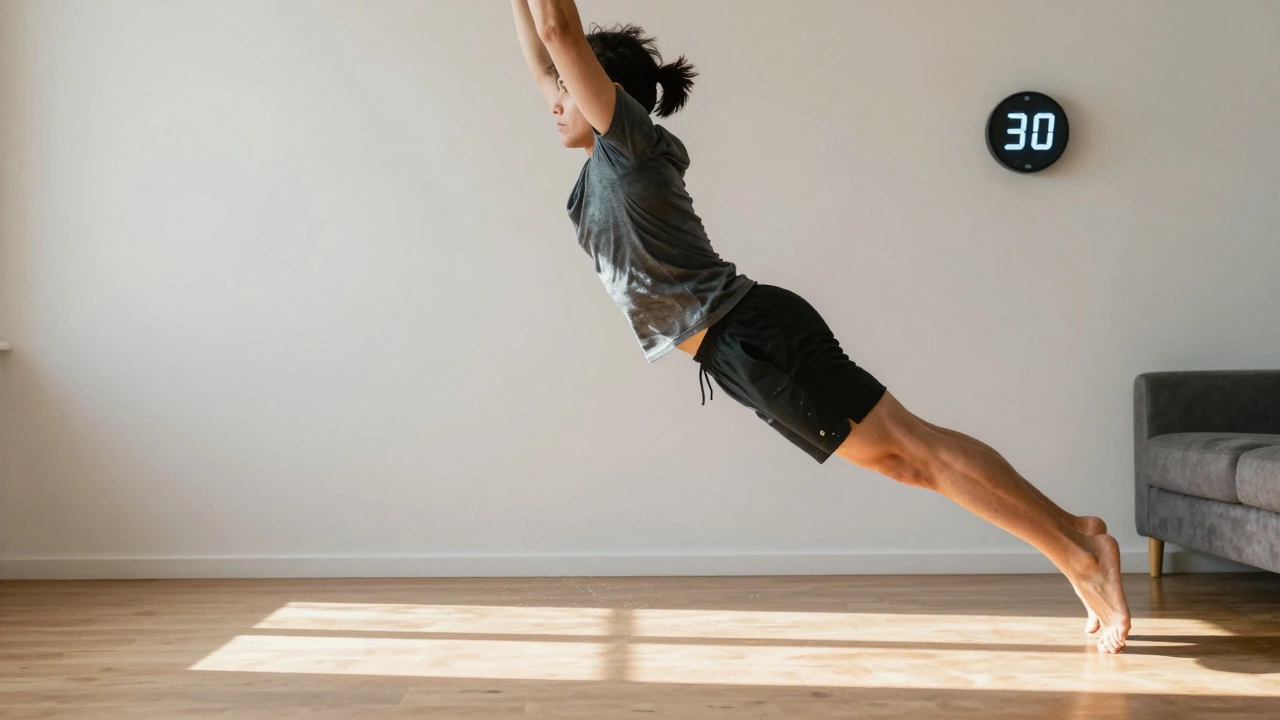 Person mid-burpee jump in a living room, timer visible, full-body exertion captured.