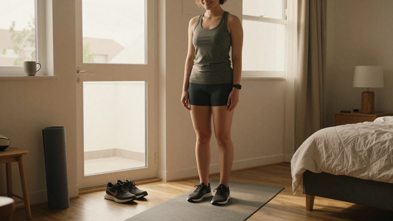 Person standing tall after home workout, sneakers by door, coffee on windowsill.