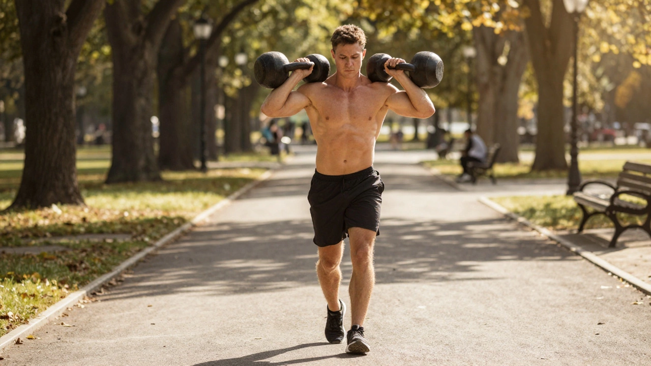 Person walking with heavy kettlebells in a park, core engaged, sunlight filtering through trees.