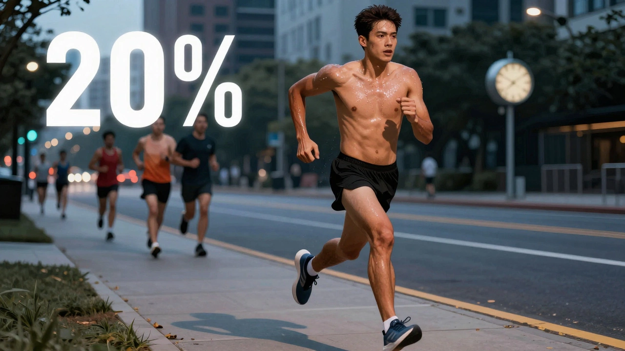 Runner pushing hard during an interval session on a city sidewalk at dusk.