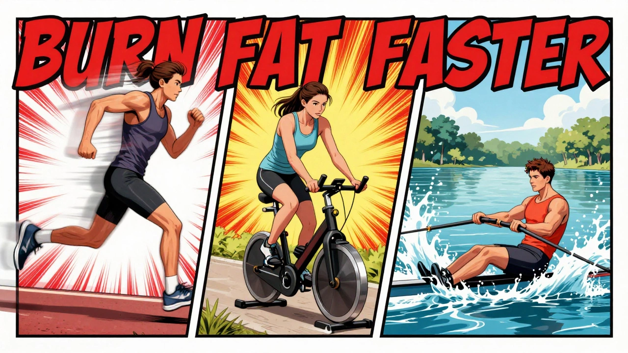 Three different cardio exercises shown in dynamic comic book style with motion effects.