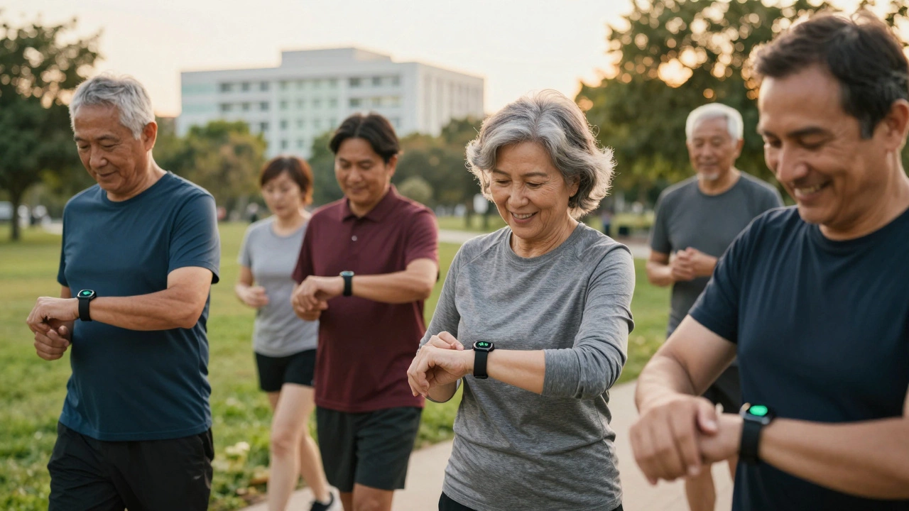 Elderly people walking in a park, checking their Fitbit Sense 2 watches with voice reminders.