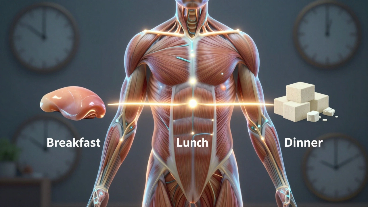 Human body with glowing amino acid pathways leading to muscles at three meal times.