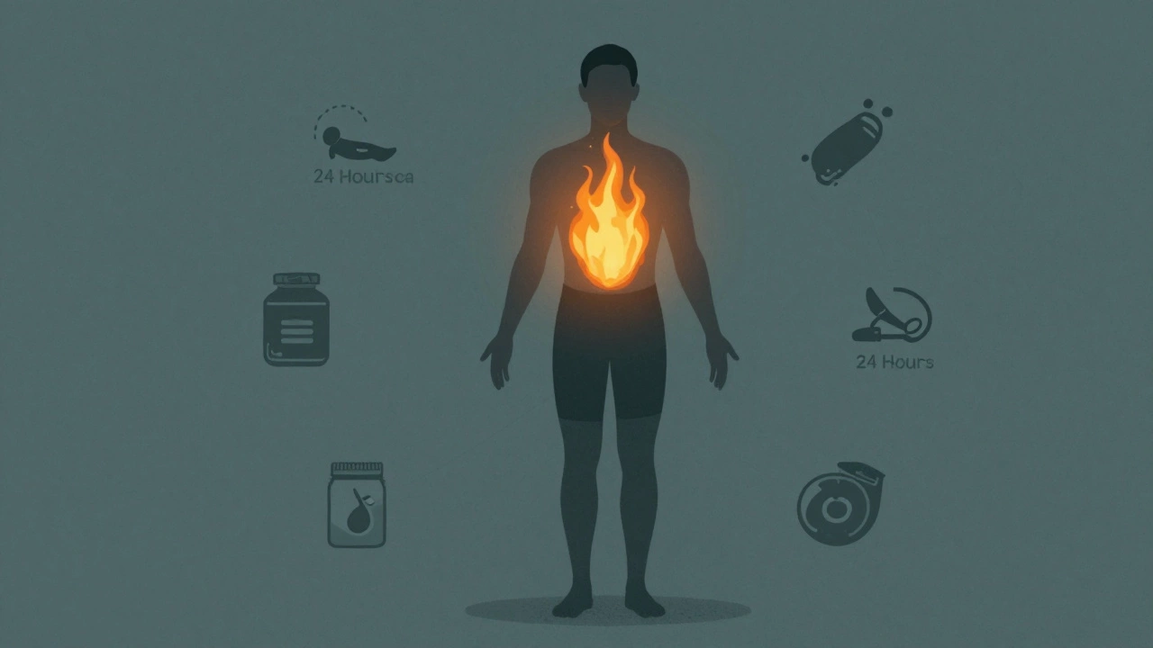 Human body with glowing metabolism after HIIT, symbols of sleep, protein, and recovery around it.
