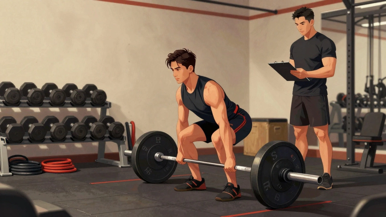 Intermediate client performing a deadlift with trainer observing form from afar