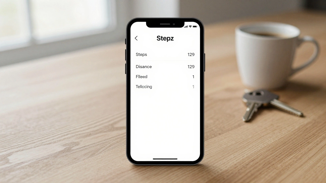 Minimalist Stepz app display on wooden table with coffee cup and keys.