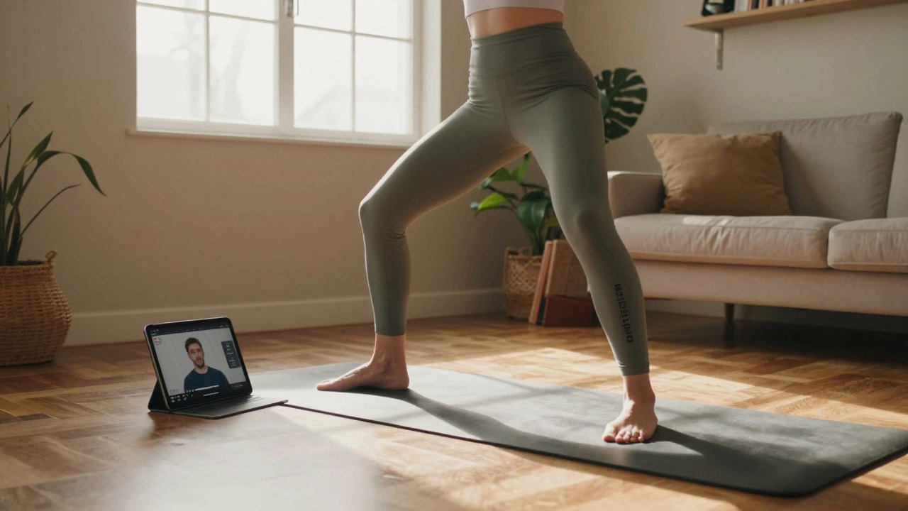 Person doing a mobility workout at home with JustFit Pro app showing coach feedback on tablet.