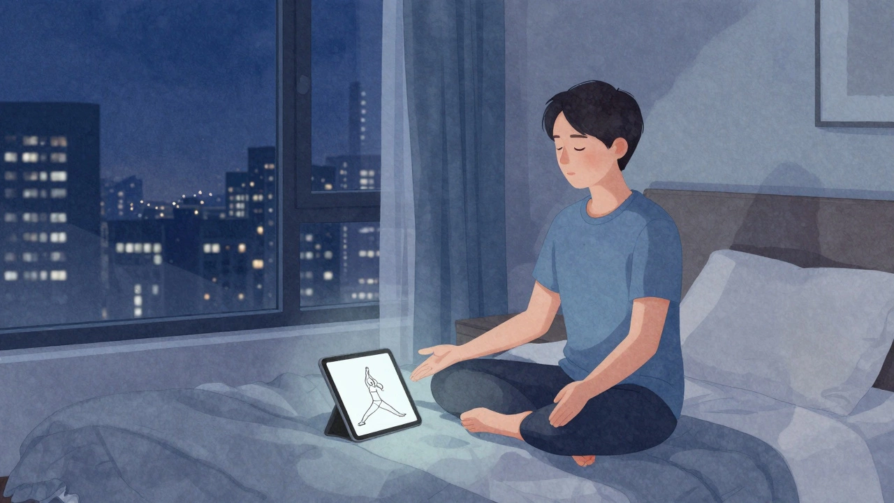Person meditating in a hotel room, following a quiet yoga app with a minimal pose diagram on a tablet.