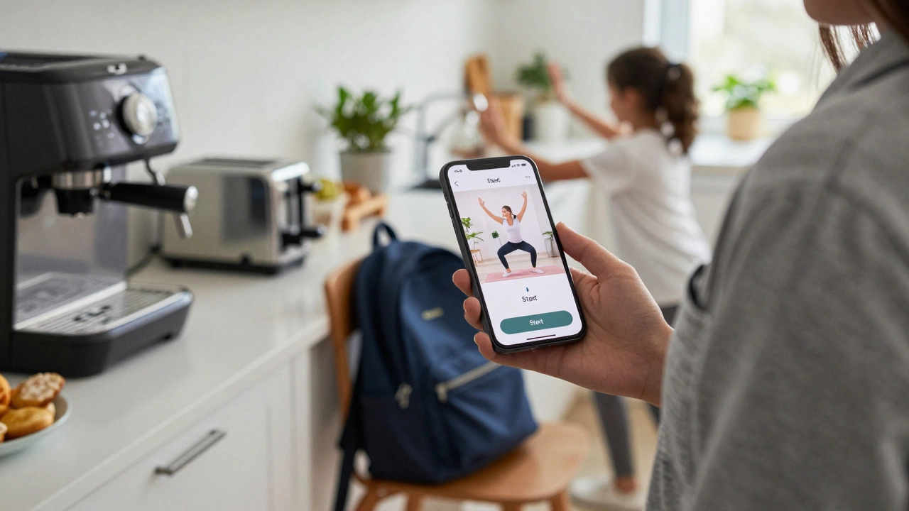 Someone doing a quick bodyweight workout in the kitchen while coffee brews, phone showing a clear instructional video.