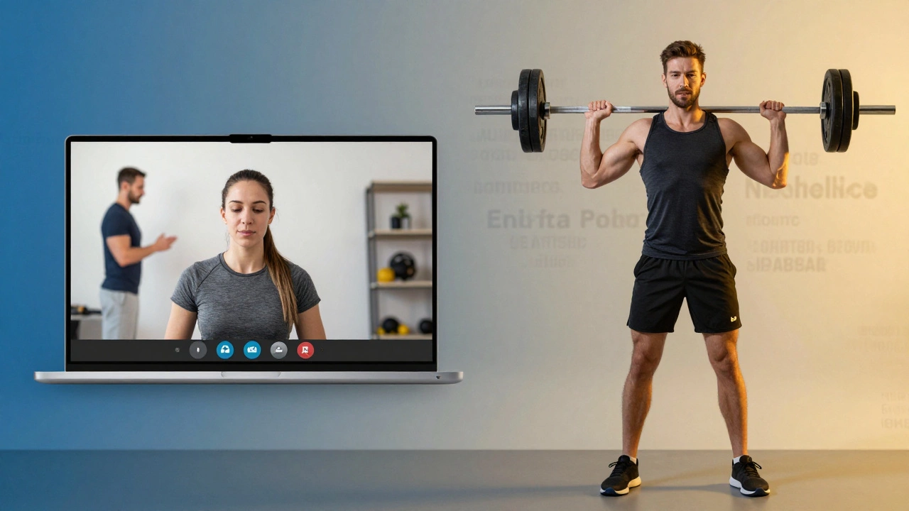 Split image of user in video call with coach transitioning to confident fitness transformation.