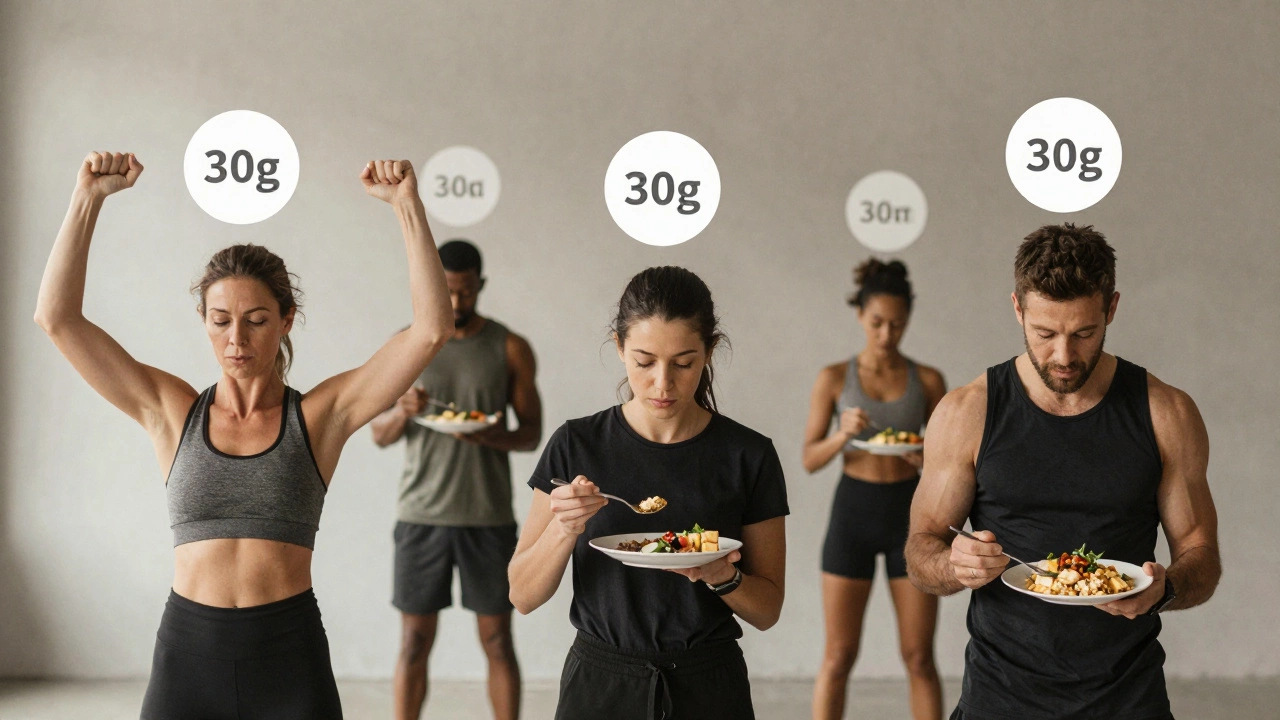 Three diverse people eating 30g protein meals at different times of day.