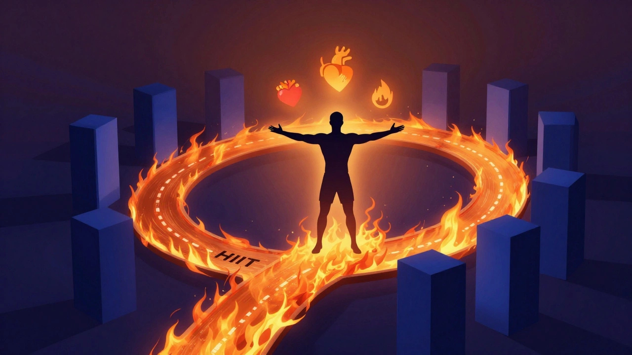 Two intertwined paths symbolizing HIIT and weights, person standing at center with heart and muscle icons.