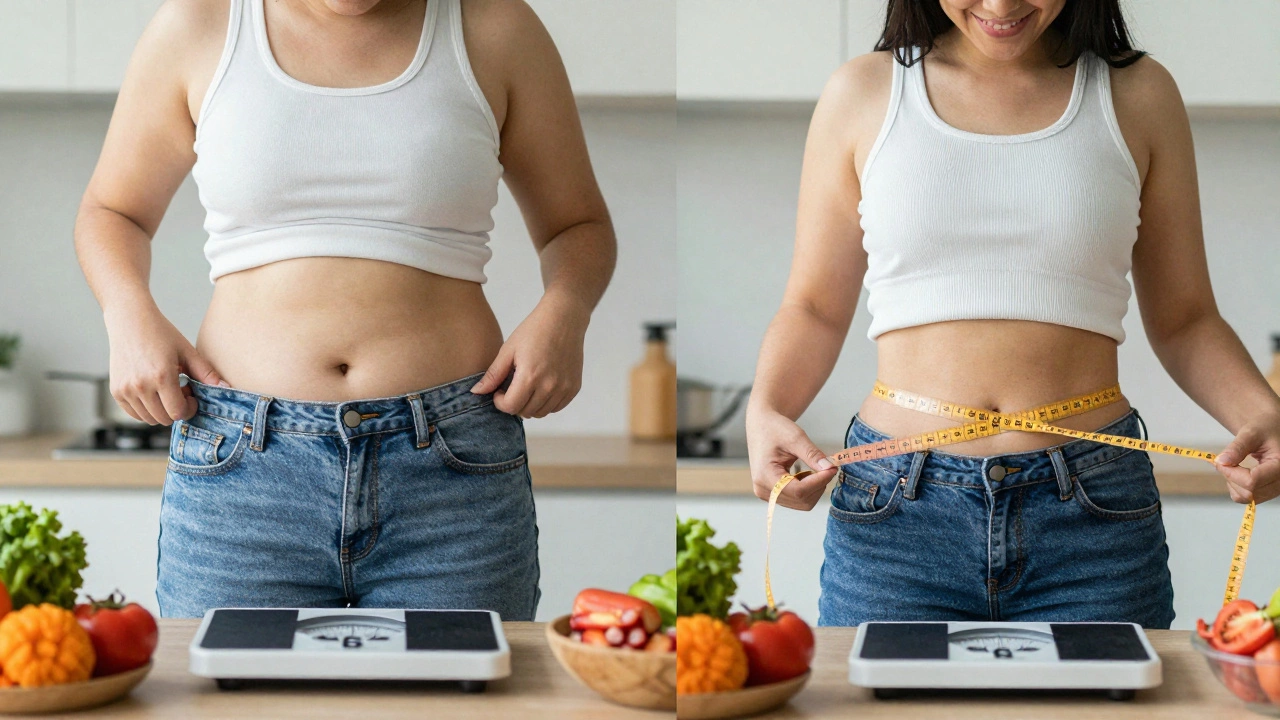 Two people comparing weight loss and waist measurement, clothes fitting looser, healthy food nearby.