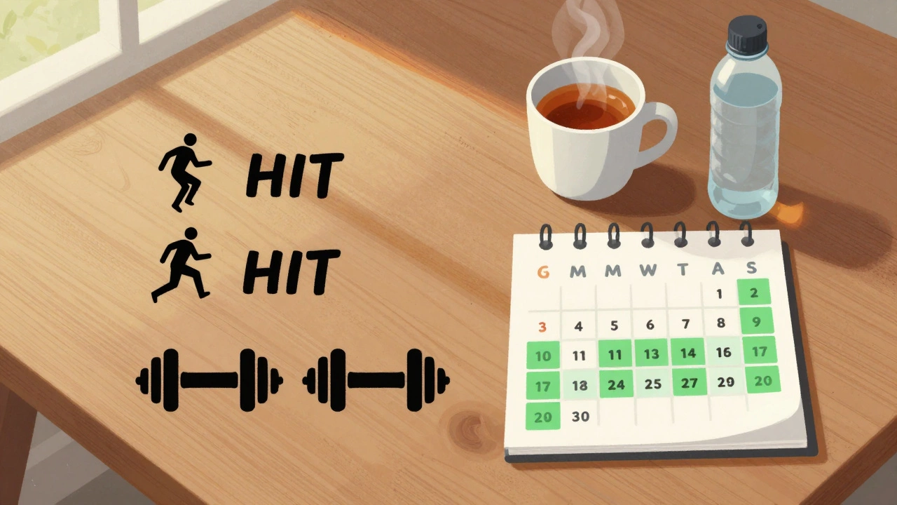 Weekly fitness schedule on wooden table with HIIT and weight icons, tea mug nearby.