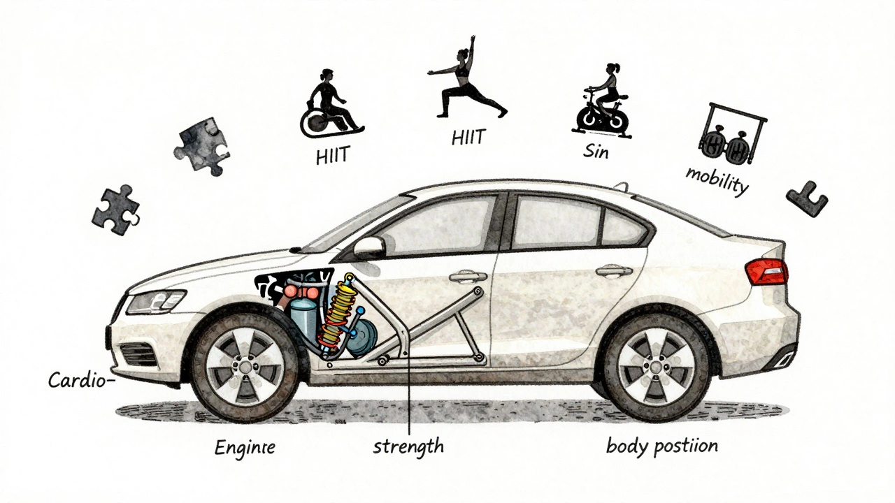 A car diagram with fitness components labeled, surrounded by workout icons representing balance.