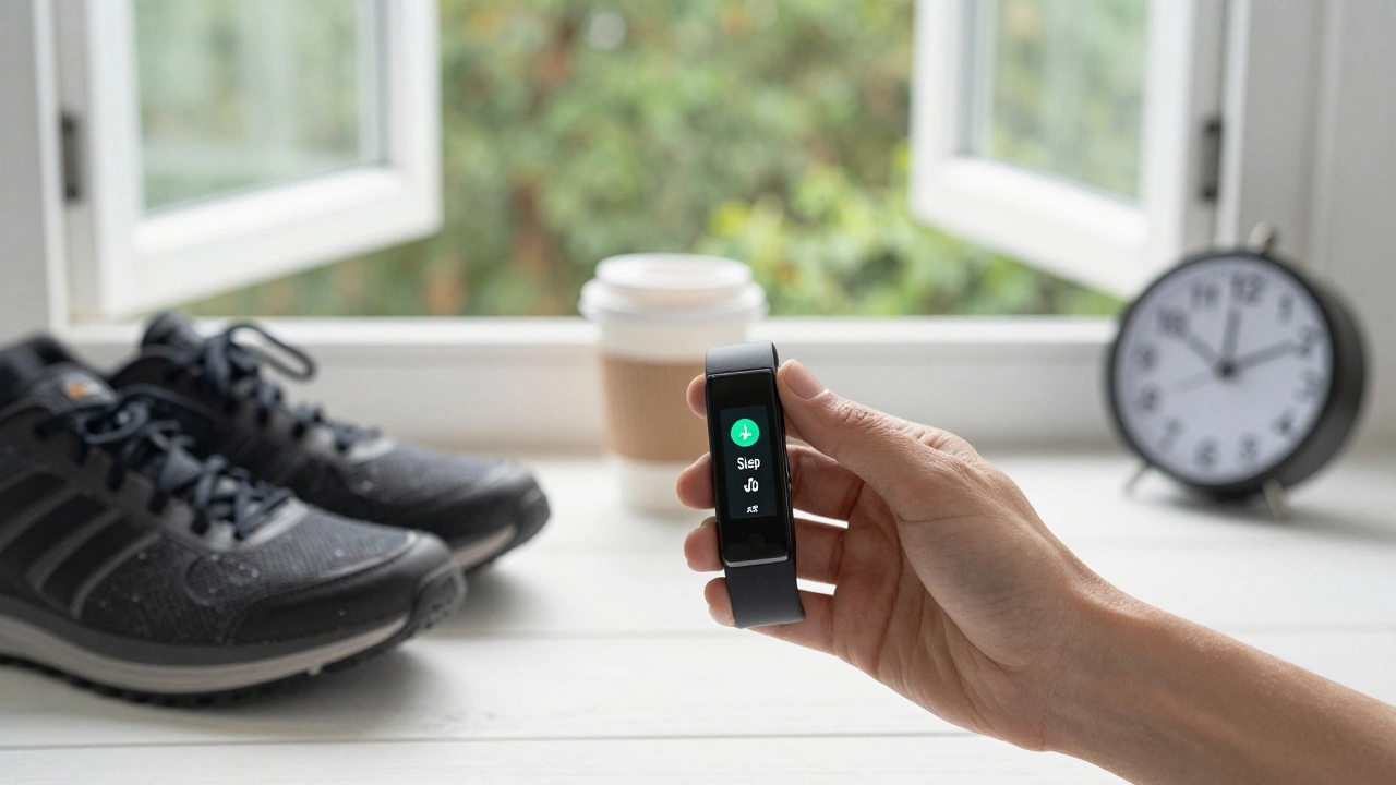 A fitness tracker beside everyday items like coffee, shoes, and a window, highlighting natural awareness over obsession.